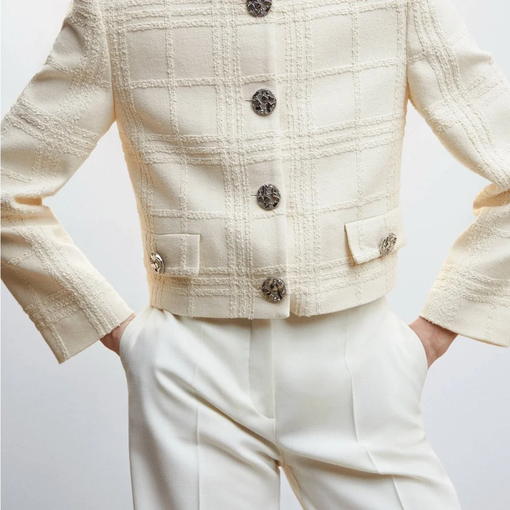 Mango Cream Checked Texture Jacket - Picture 4 of 9